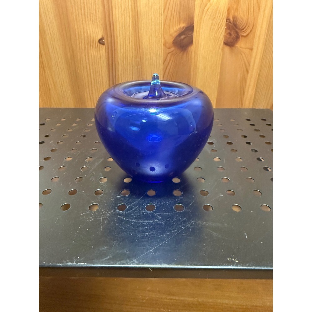 Cobalt Blue Art Glass Apple Paperweight Figurine 3.25" Hand Blown Decor